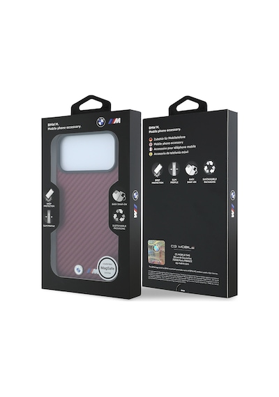 Apple iPhone Uyumlu 18 Pro Kılıf Bmw Lisanslı M-safe Özellikli Pu Karbon Tasarımlı Metal Logolu Kapak Bordo