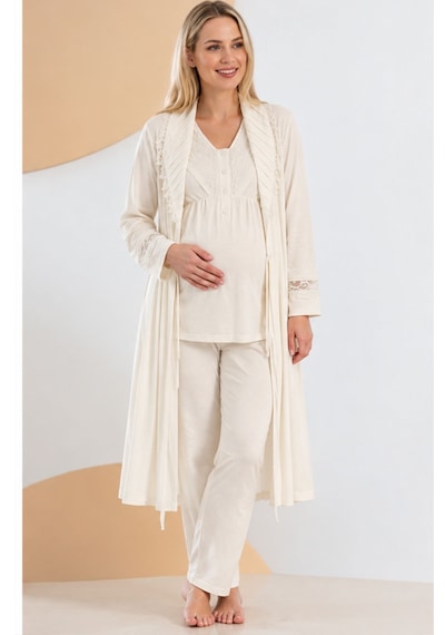 Bone Club 6305 Uzun Kol 3 Lü Sabahlıklı Lohusa Hamile Pijama Takımı Krem