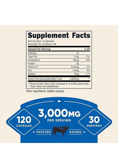 Grass-fed Beef Liver 3,000 Mg 120 Capsules - Non Gmo - Gluten Free