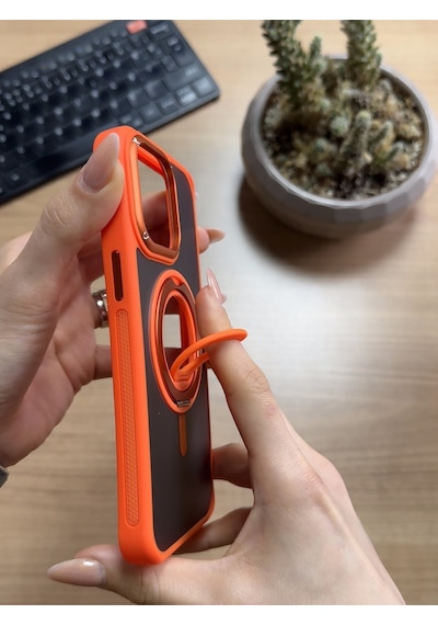 Apple Uyumlu iPhone 15 Pro Max Standlı Ve Yüzüklü Magsafe Kılıf Soocase721 Turuncu