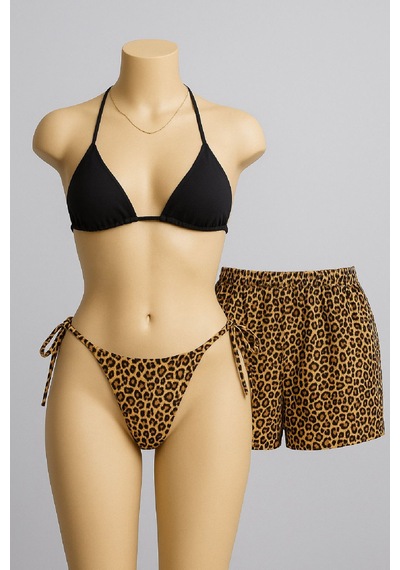 Epilons Zenvial Kadın 3'lü Set Siyah Ve Leopar Desenli Şortlu Yandan Bağlamalı Bikini Mayo Takımı Zenviall2 Çok Renkli