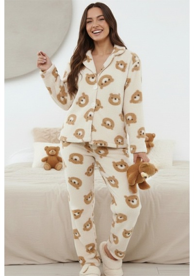 Siyah İnci Düğmeli Wellsoft Pijama Takım 7922 Ekru