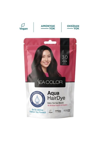 Sea Color Aqua Hair Dye Vegan & Amonyaksız Su İle Aktive Edilen Kalıcı Saç Boyası Toz 3.0 Koyu Kahve