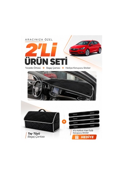 E-biz Opel Astra K 2015-2021 Uyumlu Torpido Örtüsü + Tay Tüyü Bagaj Çantası - Siyah-gri - Op005