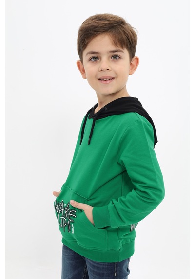 Toontoy Kids Toontoy Erkek Çocuk Relax Fit Kapüşonlu Cepli Renk Bloklu Baskılı Sweatshirt - 2 İplik Çimen Yeşili