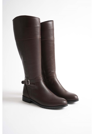 Analin Shoes Kadın Hakiki Deri Tokalı Binici Çizme Kahve