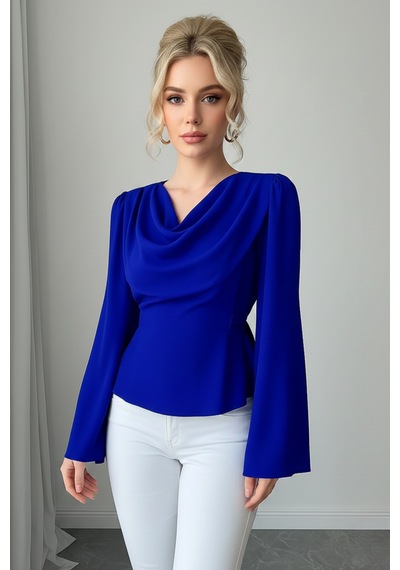 Zedefx Kadın Degaje Yaka İspanyol Kol Bluz Mavi