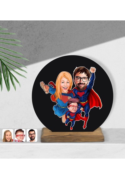 Kişiye Özel Süper Aile Karikatürlü Yuvarlak Ahşap Biblo-1