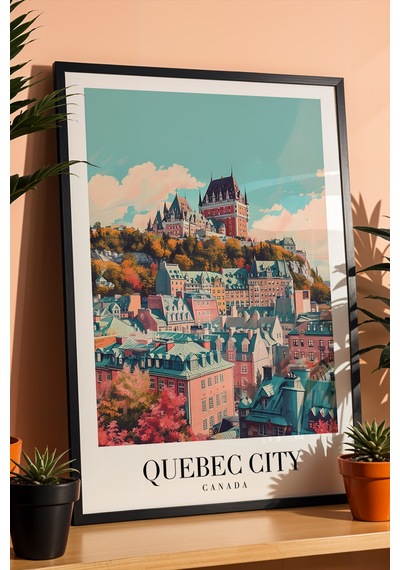 Quebec City Canada Vintage Seyahat Posteri Çerçeveli Tablo - Premium Şato Manzaralı Duvar Dekoru Siyah