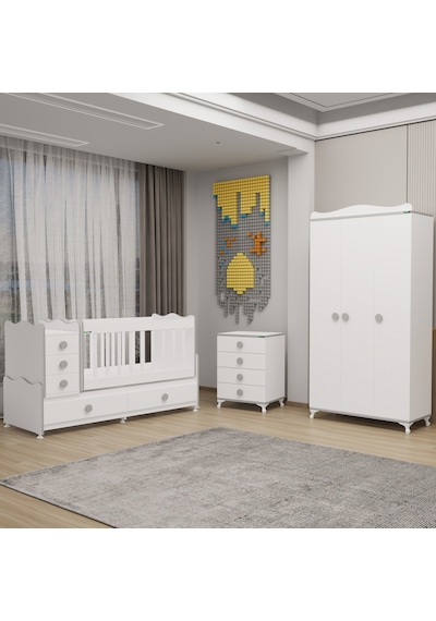 Melina Bebek Odası Yıldız 3 Kapaklı Ve Şifonyer - Gri Beyaz