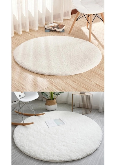 Raschel Carpet Beyaz Lüks Raschel Taban Yıkanabilir Kaymaz Taban Yuvarlak Peluş Halı Yolluk Beyaz