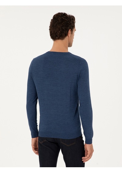 Cacharel İndigo Slim Fit Yün Karışımlı Bisiklet Yaka Basic Triko Kazak Mavi