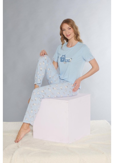 Dowry Kısa Kol Pijama Takım Sevimli Desenli Yazlık Viskon Pijama Dowry 08-127 Mavi