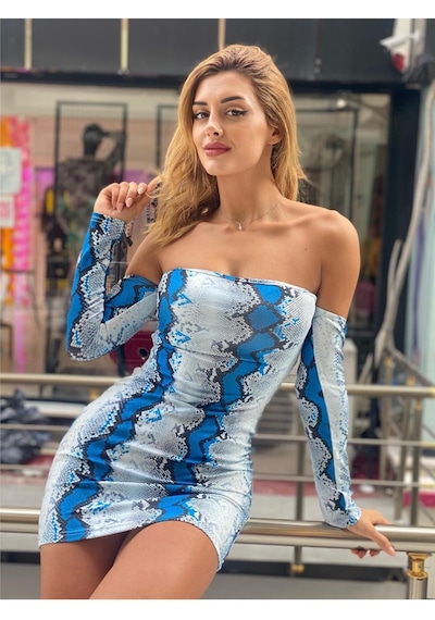Pink Life Yılan Desenli Sırt Dekolte Detaylı Mini Elbise Yılan Deseni