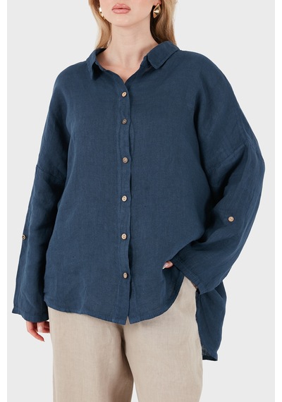 Via Dante % 100 Keten Oversize Yarı Transparan Gömlek Bayan Gömlek 7697 Lacivert