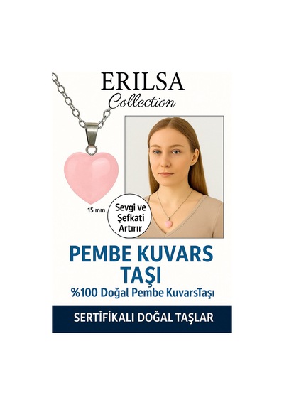 Erilsa Sertifikalı Kalp Model Mini Pembe Kuvars Taşı Kolye Sevgi, Şefk Çok Renkli