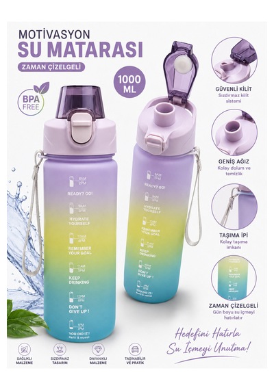 Motivasyon Su Matarası 1100 Ml Zaman Çizelgeli Sızdırmaz Kilitli Taşıma İpli Spor Matara Mor