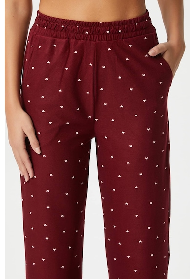 Ritnice Kadın Teddi Ultra Yumuşak Cepli Bordo Kalp Desen Yılbaşı Pijama Altı Çok Renkli