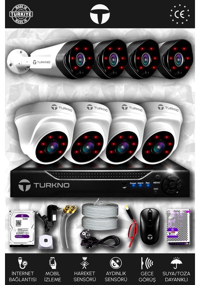 Turkno 8 Kameralı Galia 4 İç Kamera Set 250 GB HDD Full HD Gece Görüşlü Güvenlik Kamerası Sistemi