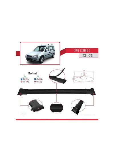 Opel Combo C 2001-2011 Arası İle Uyumlu Fly Model Ara Atkı Tavan Barı Siyah 3 Adet Bar