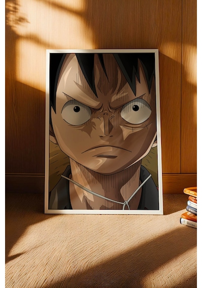 One Piece Luffy Kararlı Portre Çerçeveli Tablo - Premium Genç Odası Anime Duvar Dekoru Poster Beyaz