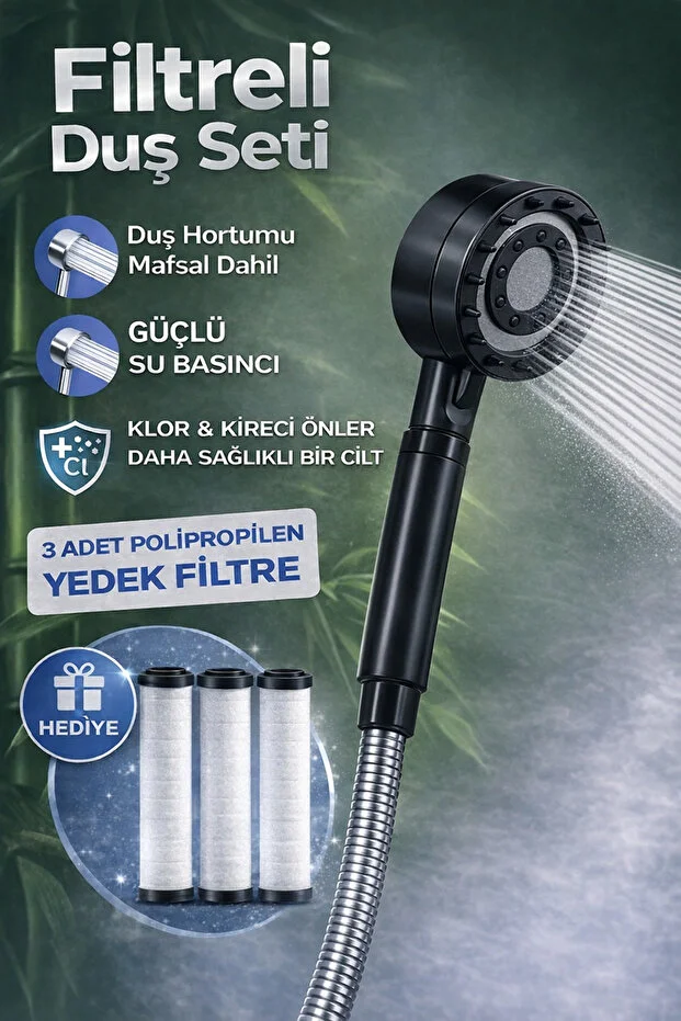 Filtreli Duş Başlığı 3 Yedek Filtre Hortum Mafsal Yüksek Basınçlı Siyah