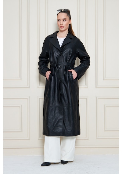 M M Marki Marki Kadın Hakiki Deri Trençkot Siyah, V Yaka, Kuşaklı, Düğme Kapamalı, Oversize, 120 Cm - 117222