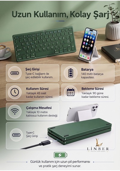 Yeşil Katlanabilir Bluetooth Şarjlı Kablosuz Klavye Tablet Telefon Ve Laptop Uyumlu. Yeşil