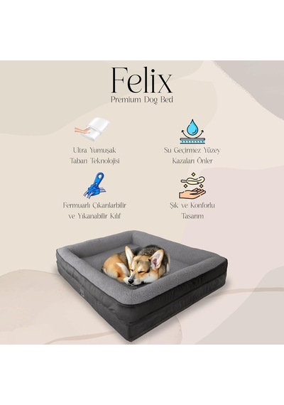 Felix Köpek Yatağı Antrasit Orta 75x95 Cm, Visco Sünger,%100 Su Geçirmez Alez, Çıkarılabilir Yıkanabilir Kılı