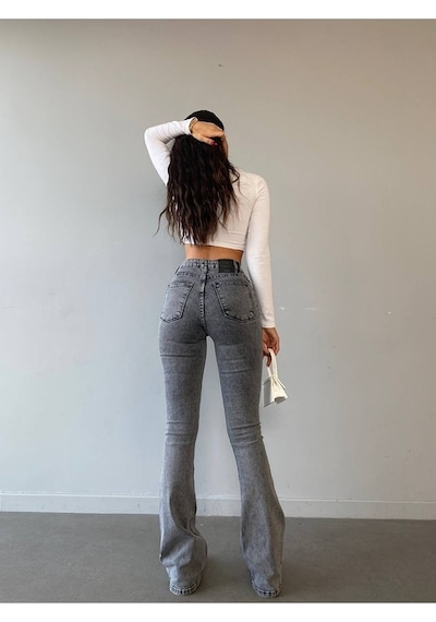 Charles Füme Ispanyol Paça Kot Pantolon Yüksek Bel Ispanyol Jeans Toparlayıcı Extra Rahat Drv Füme