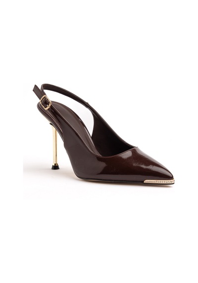 Dilimler Ayakkabı Kadın İnce Topuklu Stiletto Kahverengi Rugan Metal Taş Aksesuarlı-4541 Kahverengi