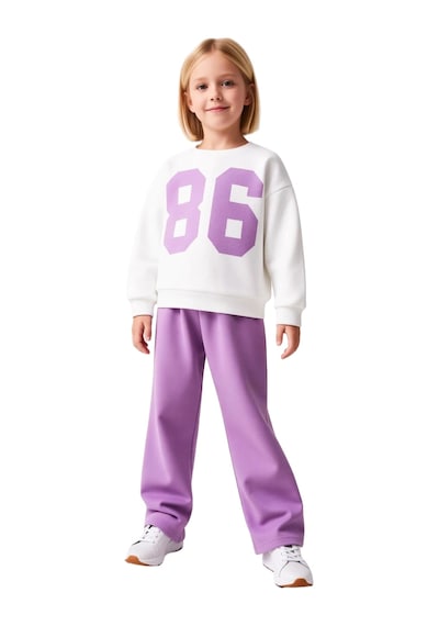Frm Çocuk Kız Baskılı Oversize Sweatshirt Ve Pantolon Seti Konforlu V Lila