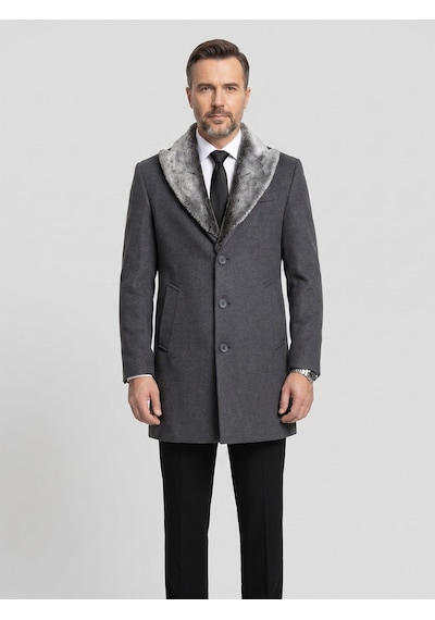 Plus Scorpion Erkek Uzun Kaşe Kaban Çıkartılabilir Kürk Yaka, Astarlı Ve Cepli Slim Fit Mont Antrasit
