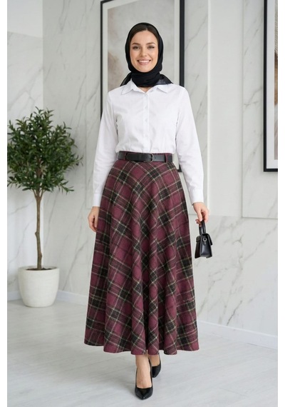 Hb Harma Time Butik Kadın Bordo Desenli Kemerli Etek Bordo Bordo