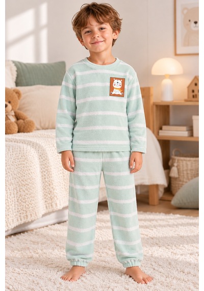 Luess Erkek Çocuk %100 Pamuk Havlu Pijama Takımı Ayıcık Baskılı Uzun Kollu Mint Yeşili Örme