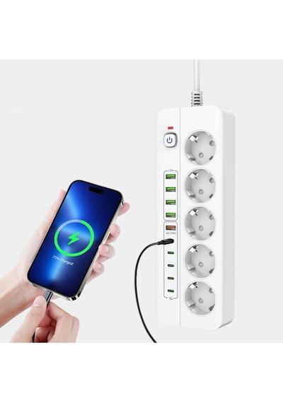 Isıya Dayanıklı Power Tuşlu 5'li Grup Priz 5xusb 5x Type-c Çıkışlı Priz 2 Mt Kablolu 2 M