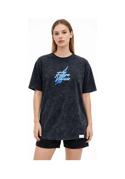 Primemagazam Kadın Asit Yıkamalı Oversize Tişört Bisiklet Yaka Kısa Kol T-shirt - Siyah Çeşitli