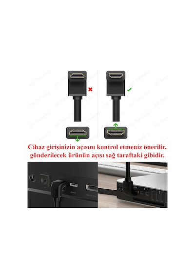 90 Derece L Tipi Açılı HDMI Erkek-Dişi Uzatma Kablosu 50cm