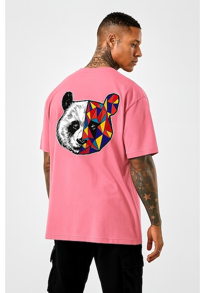 Panda Baskılı Oversize Siyah T-shirt Pembe