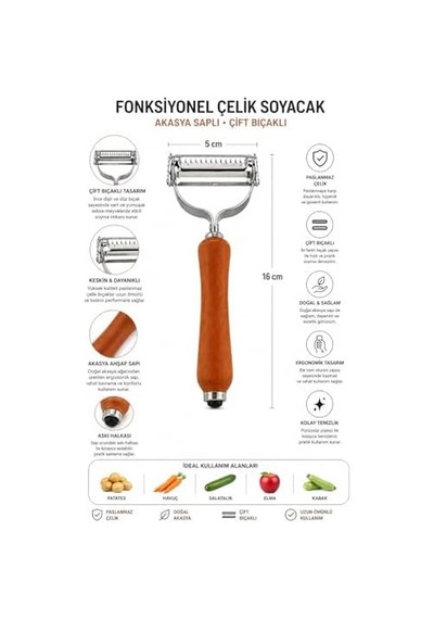 Çift Bıçaklı Ahşap Saplı Soyacak - Çift Bıçaklı Ahşap Saplı Sebze Ve Meyve Soyacak Paslanmaz Çelik Ultra Keskin Tırtıklı & Düz Bıçaklı, Ergonomik Kaymaz Sap, Patates Havuç Kabak Elma