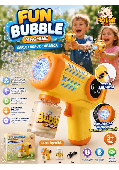 Şarjlı Baloncuk Tabancası Işıklı Otomatik Köpük Balon Makinesi Bubble Gun Sarı