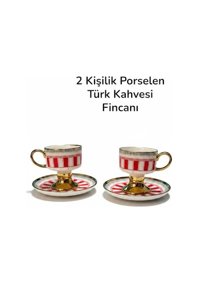 2 Kişilik Altın Yaldızlı Porselen Türk Kahvesi Fincanı Kırmızı