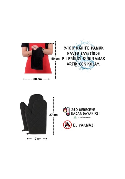 Star Çift Eldivenli Set Ayar Askılı 4lü Mutfak Önlüğü Seti 2 Eldiven Kırmızı-siyah-siyah