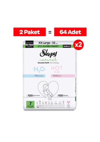 Sleepy Natural Double Soft Avantajlı Mega Paket Bebek Bezi 7 Numara Xxlarge 64 Adet