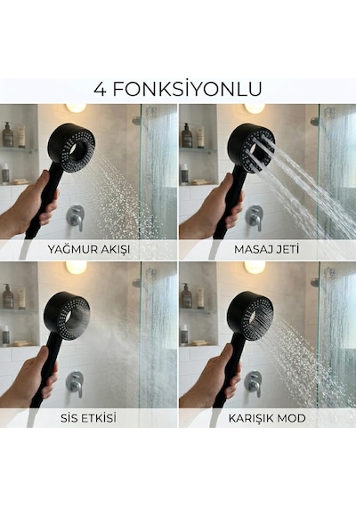 Siyah Elegant Duş Başlığı, 4 Fonksiyonlu Yüksek Basınçlı Duş Başlığı, Yağmur Akışı, Masaj Jeti,