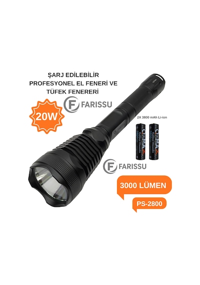 Ps-2800 30w 3000lm 3km Menzilli Şarjlı El Ve Tü Fek Feneri Siyah