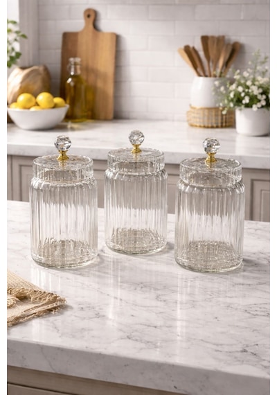 Qerhome 3'lü Borosilikat Cam Optik Çizgili Kristal Gold Kapaklı Kavanoz Seti 800 Ml Şeffaf