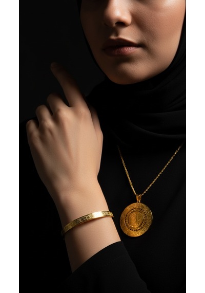 Zırh Model Kolye Ve Ayetel Kürsi Bileklik Seti Gold Renk Paslanmaz Çelik Takı Altın