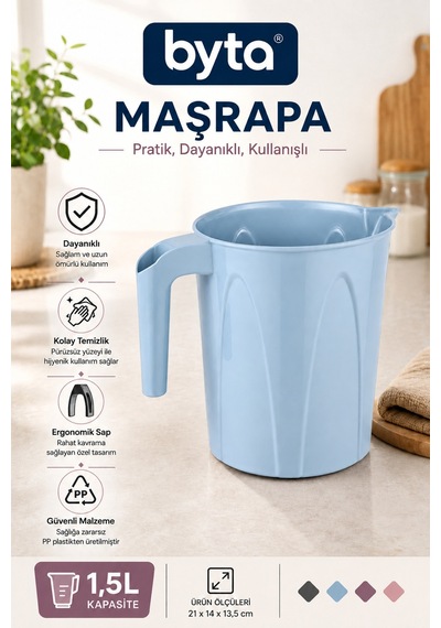 1,5 Litre Plastik Maşrapa Ergonomik Saplı Dayanıklı Çok Amaçlı Su Maşrapası, Banyo, Mutfak Ve Ev Kullanımı İçin Mavi