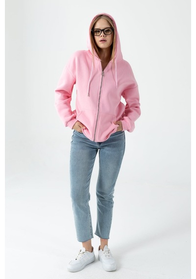 Giysa Kadın Kapüşonlu Fermuarlı Şardonlu 3ip Sweatshirt Pembe - 9015 - 264401 Pembe